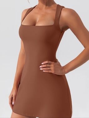 Qinsen Woman’s Square Neck Bodice Dress Sleeveless Tank Stop Stretch Flare Mini